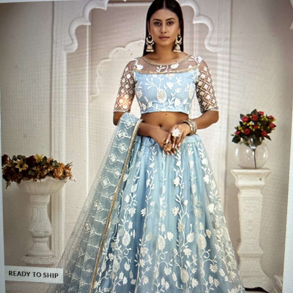 Sky Blue Net Thread Embroidery Sequins Umbrella Lehenga Partywear - New With Tag